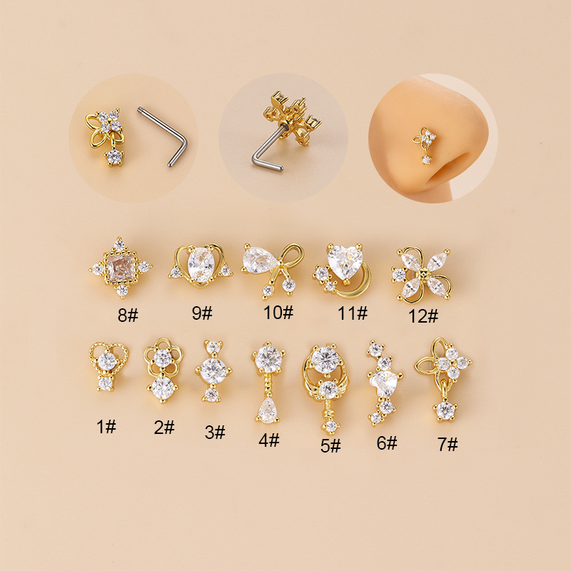 Body Jewelry Earrings - 20G L-Shaped Cubic Zircon Nose Stud,